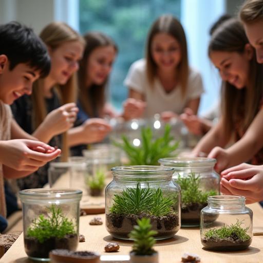 A group of people happily building their own terrariums at a workshop table.